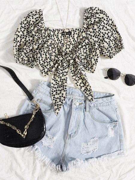 ditsy floral tie front puff sleeve crop a2ei#, White