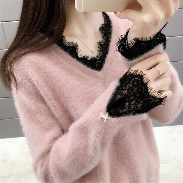 womens fashion v neck lace sweater spring fall imitation mink velvet pullovers loose knitting jumper femme y638, White;black
womens fashion v neck lace sweater spring fall imitation mink velvet pullovers loose knitting jumper femme y638, White;black