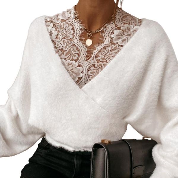 women's blouses & shirts winter blouse women shirt solid color lace patchwork v neck long sleeve plush pullover, White
women's blouses & shirts winter blouse women shirt solid color lace patchwork v neck long sleeve plush pullover, White