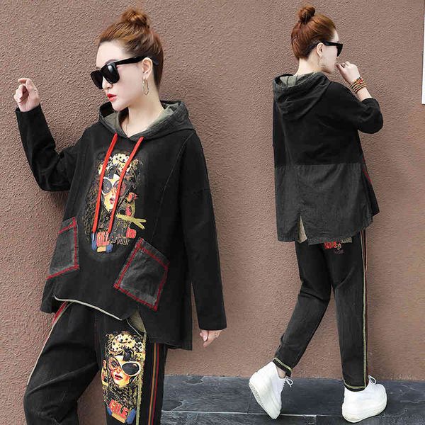 women's tracksuits fashion oversized tracksuit women two piece set punk style clothes hooded denim printed and pants vintage p, Gray
women's tracksuits fashion oversized tracksuit women two piece set punk style clothes hooded denim printed and pants vintage p, Gray