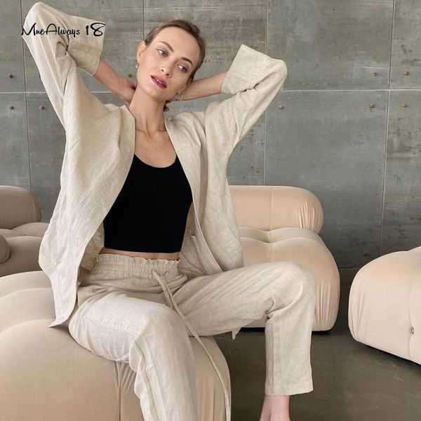 women's two piece pants mnealways18 drawstring cotton linen suit women outfit belted blazers and autumn jacket set female casual suits, White 
women's two piece pants mnealways18 drawstring cotton linen suit women outfit belted blazers and autumn jacket set female casual suits, White