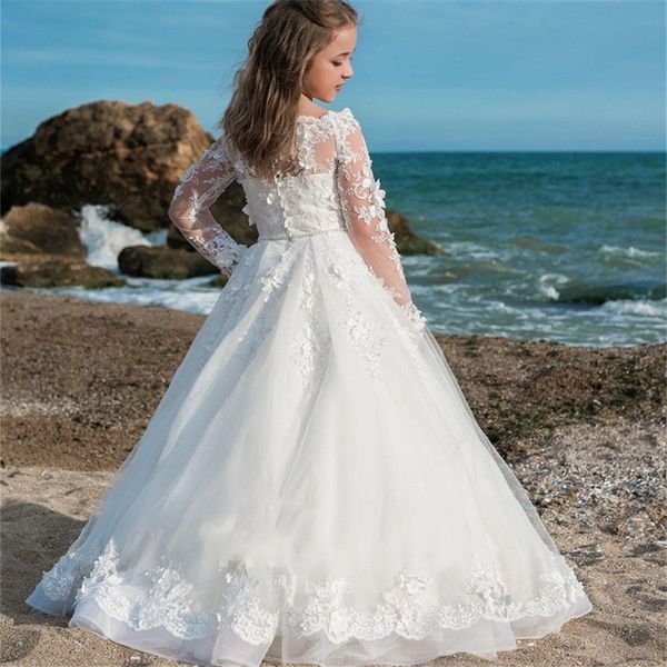sheer long sleeves junior bridesmaids dresses with 3d floral lace flower girl dress, White;blue
sheer long sleeves junior bridesmaids dresses with 3d floral lace flower girl dress, White;blue
