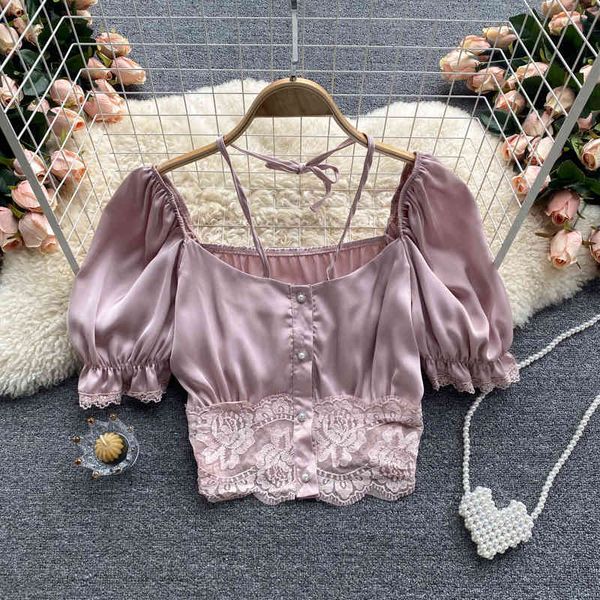 women's knits & tees fashion short women square neck sweet lace stitching sleeve satin shirt summer solid color blouse clothe, White
women's knits & tees fashion short women square neck sweet lace stitching sleeve satin shirt summer solid color blouse clothe, White