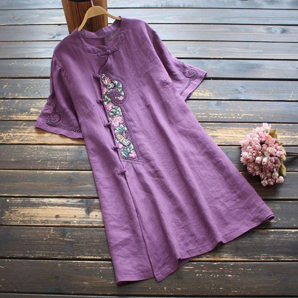 national style loose stand collar coil button cotton hemp women's t-shirt embroidered dress summer, Black;gray
national style loose stand collar coil button cotton hemp women's t-shirt embroidered dress summer, Black;gray