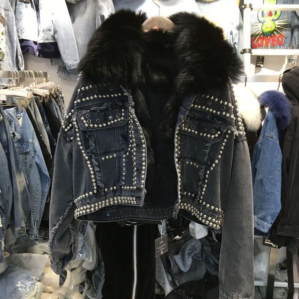 jackets winter women warm lining big fox fur turn down collar denim short jackets beading loose casual street coats a235, Black;brown
jackets winter women warm lining big fox fur turn down collar denim short jackets beading loose casual street coats a235, Black;brown