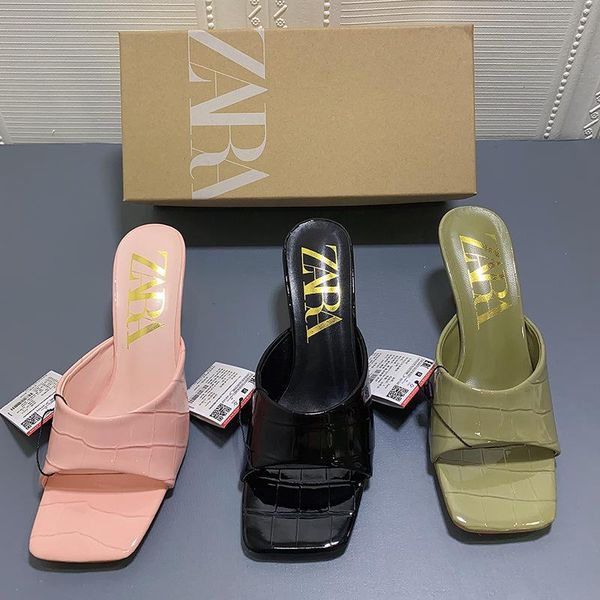 slippers zar2021 summer women's shoes high heel thick square toe open patent leather stone pattern rear empty, Black
slippers zar2021 summer women's shoes high heel thick square toe open patent leather stone pattern rear empty, Black
