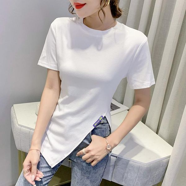 women's t-shirt spring and summer short-sleeved solid color slim cotton hem slit design sense of versatile display temperament, White
women's t-shirt spring and summer short-sleeved solid color slim cotton hem slit design sense of versatile display temperament, White