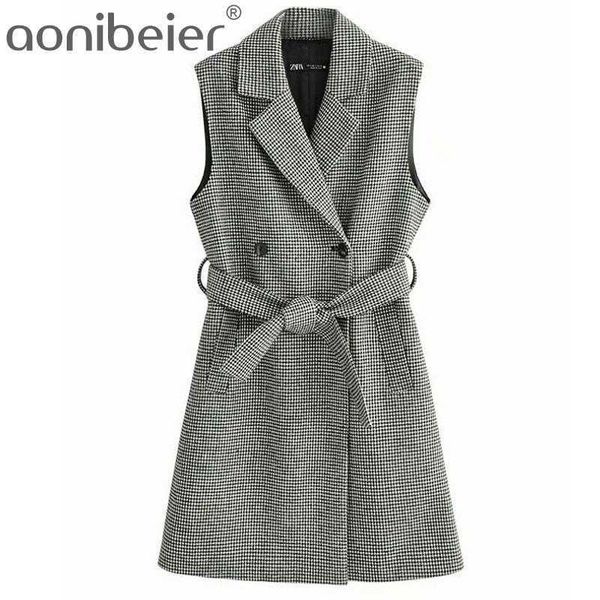 long vest women houndstooth double breasted waistcoat vintage sleeveless with belt female outerwear chic 210604, Black;white
long vest women houndstooth double breasted waistcoat vintage sleeveless with belt female outerwear chic 210604, Black;white