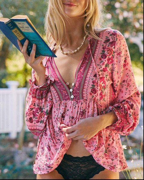 super chic pink floral womens shirt cotton plus size long sleeve summer flower, White
super chic pink floral womens shirt cotton plus size long sleeve summer flower, White