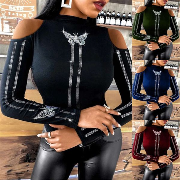 2021 spring t-shirt butterfly inlaid diamond round neck solid off shoulder long sleeve female, Black;gray
2021 spring t-shirt butterfly inlaid diamond round neck solid off shoulder long sleeve female, Black;gray