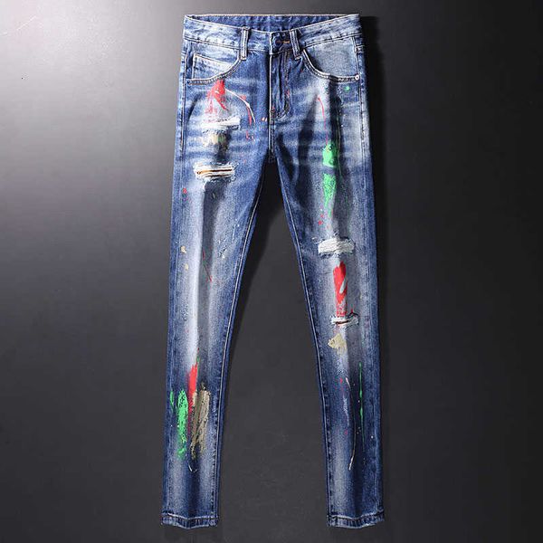 street style fashion men jeans retro blue elastic slim fit ripped painted designer hip hop denim splashed punk pants
street style fashion men jeans retro blue elastic slim fit ripped painted designer hip hop denim splashed punk pants