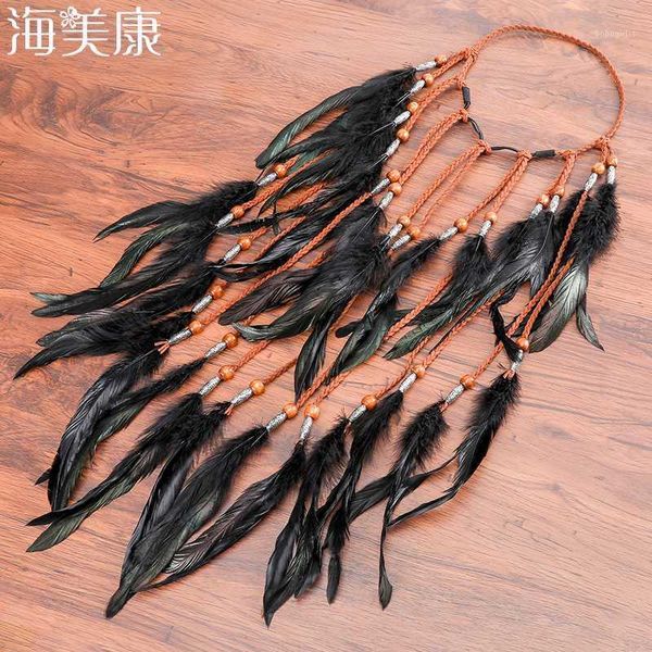 haimeikang fashion boho style black feather headband hairpiece beads headdress handmade girls hair accessories1