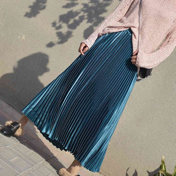 

skirts spring drape metallic maxi long pleated solid satin a-line ankle length autumn blue green red burgundy 2snl, Black