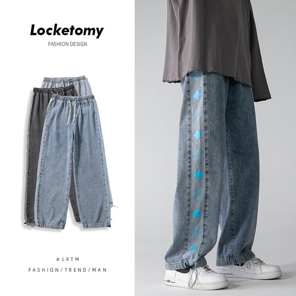 3 colors mens jeans solid color mopping trousers side printing loose straight wide leg pants, Blue
3 colors mens jeans solid color mopping trousers side printing loose straight wide leg pants, Blue