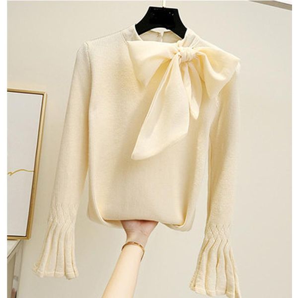 women's sweaters 2021 autumn women korean style knitted ladies pullovers flare sleeve elegant sweater tees belt bow big collar, White;black
women's sweaters 2021 autumn women korean style knitted ladies pullovers flare sleeve elegant sweater tees belt bow big collar, White;black