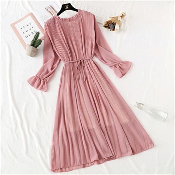 casual dresses women print pleated chiffon dress 2021 spring summer fashion female flare sleeve lotus leaf neck basic, Black;gray