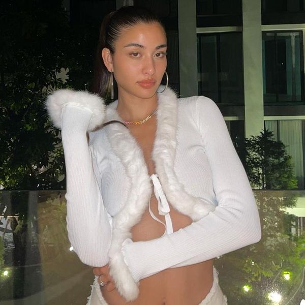 women's t-shirt wsevypo women tie-up crop solid color long sleeve v-neck fur trim cardigan party club streetwear, White
women's t-shirt wsevypo women tie-up crop solid color long sleeve v-neck fur trim cardigan party club streetwear, White