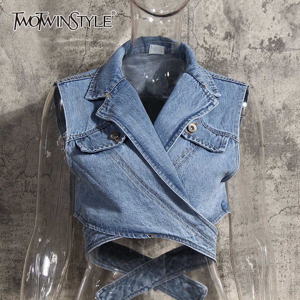 twotwinstyle casual short cross denim jacket for women lapel sleeveless solid jackets female fashion clothing stylish 211008, Black;white
twotwinstyle casual short cross denim jacket for women lapel sleeveless solid jackets female fashion clothing stylish 211008, Black;white