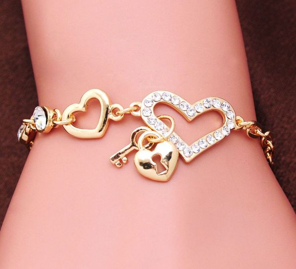romantic crystal heart bracelets gold color lock & key charms bracelets, Golden;silver
romantic crystal heart bracelets gold color lock & key charms bracelets, Golden;silver
