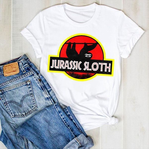 sloth summer dinosaur funny women t shirts cute cartoon tee clothes graphic clothing, White