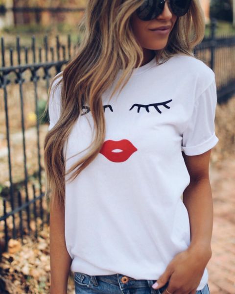 short sleeve funny tee fashion women t shirt pretty and cute eye lashes red lips print casual, White
short sleeve funny tee fashion women t shirt pretty and cute eye lashes red lips print casual, White