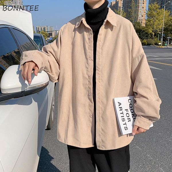 men's casual shirts men corduroy long sleeve turn-down collar button solid retro korean style baggy chic all-match handsome simple clot, White;black