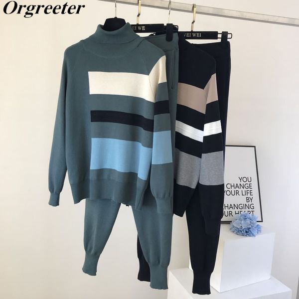 women hit color striped knitted tracksuits warm turtleneck sweater+ trousers 2 pieces sets outfits female 210525, White
women hit color striped knitted tracksuits warm turtleneck sweater+ trousers 2 pieces sets outfits female 210525, White