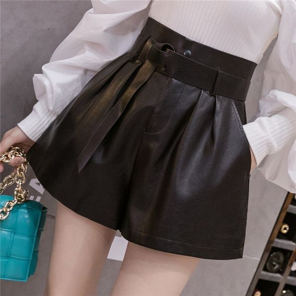 short korean women's solid pu leather high waist wide leg shorts, with pocket, loose casual, autumn and winter, style in 2021, White;black 
short korean women's solid pu leather high waist wide leg shorts, with pocket, loose casual, autumn and winter, style in 2021, White;black