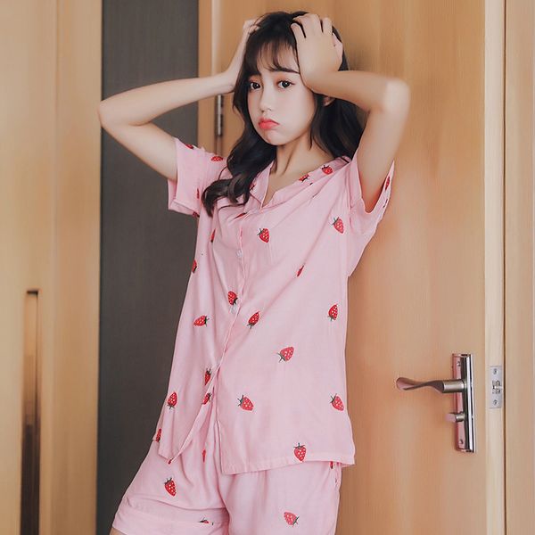 women's sleepwear ladies pajamas set sweet women cute strawberry printed turn-down collar homewear comfort short sleeve thin casua, Black;red
women's sleepwear ladies pajamas set sweet women cute strawberry printed turn-down collar homewear comfort short sleeve thin casua, Black;red