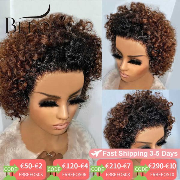 

Curly Beeos Short 250% Pixie Cut Bob Wig 13*2 Lace Front Wigs Brazilian Remy Human Pre Plucked with Baby Hair S0826 s, Mix color