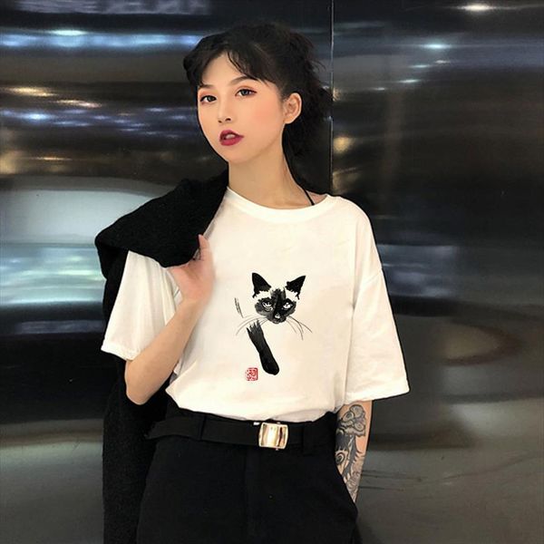 showtly funny cool black men cat womens hipster chinese ink painting o neck short sleeve aesthetic plus size fashion, White;black
showtly funny cool black men cat womens hipster chinese ink painting o neck short sleeve aesthetic plus size fashion, White;black