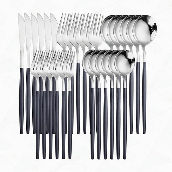 black silver cutlery set stainless steel spoon fork knife dinnerware tableware 30pcs kitchen dinner flatware sets
black silver cutlery set stainless steel spoon fork knife dinnerware tableware 30pcs kitchen dinner flatware sets