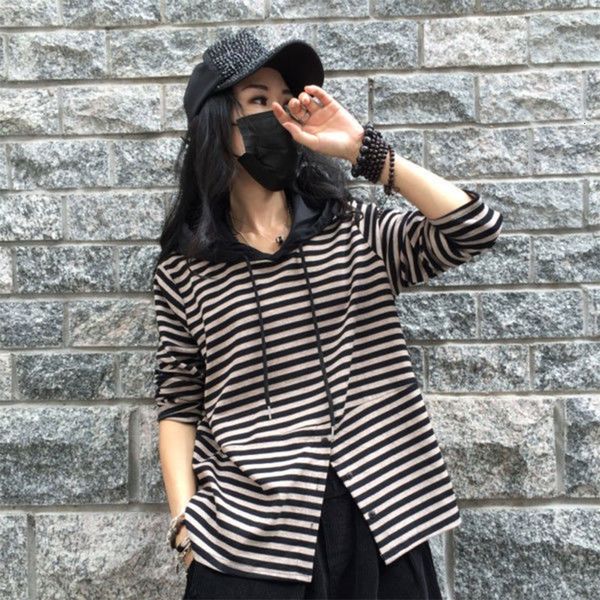 dress 2021 spring autumn arts female long sleeve with hood femme shirt striped cotton casual tshirt plus size v235, Black;gray
dress 2021 spring autumn arts female long sleeve with hood femme shirt striped cotton casual tshirt plus size v235, Black;gray
