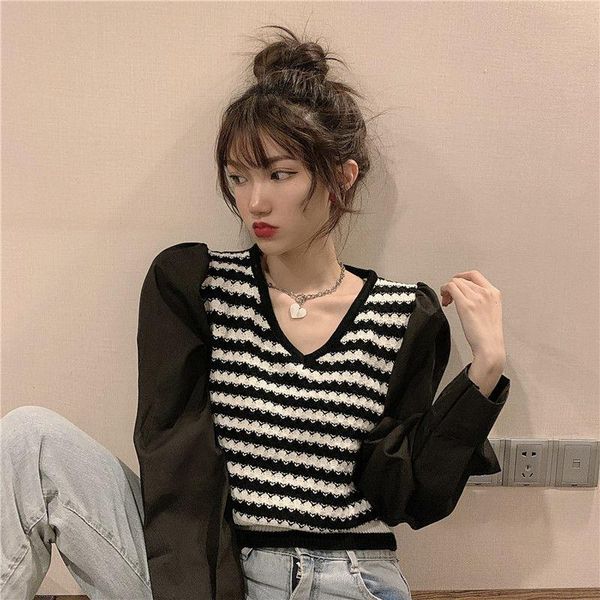 women's t-shirt long sleeve v-neck patchwork striped pullover sweater for women 2021 autumn korean style versatile bottoming shirt fash, White
women's t-shirt long sleeve v-neck patchwork striped pullover sweater for women 2021 autumn korean style versatile bottoming shirt fash, White