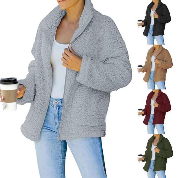 women's jackets zipper closure turn-down collar women jacket double side plush pockets solid color coat outerwear, Black;brown
women's jackets zipper closure turn-down collar women jacket double side plush pockets solid color coat outerwear, Black;brown