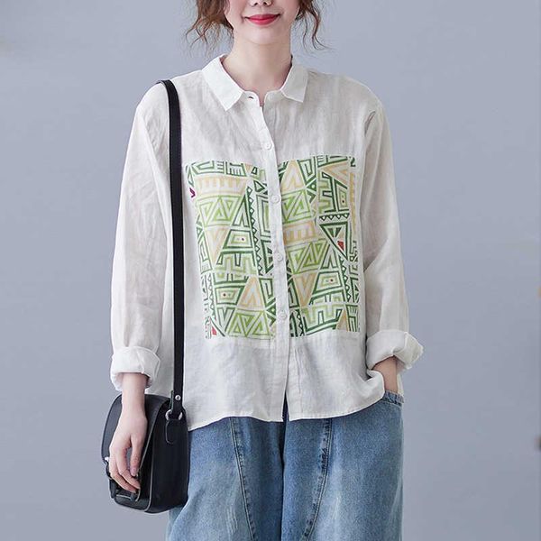 women's blouses & shirts linen shirt 2021 spring loose large print long sleeve casual cotton top, White 
women's blouses & shirts linen shirt 2021 spring loose large print long sleeve casual cotton top, White