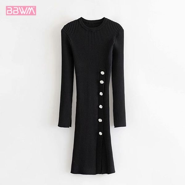 long sleeve round neck black skinny women's dress vintage side buttons thin slim draw back split chic female dresses 210507, Black;gray
long sleeve round neck black skinny women's dress vintage side buttons thin slim draw back split chic female dresses 210507, Black;gray
