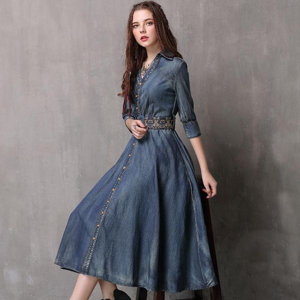 party dresses autumn women loose denim dress ladies embroidery jeans maxi female vintage fake belt button, White;black
party dresses autumn women loose denim dress ladies embroidery jeans maxi female vintage fake belt button, White;black