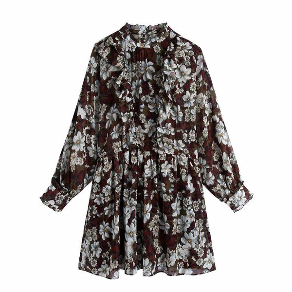 women dress printed round neck long sleeves elastic waist ruffled trims vintage short for 210420, Black;gray
women dress printed round neck long sleeves elastic waist ruffled trims vintage short for 210420, Black;gray