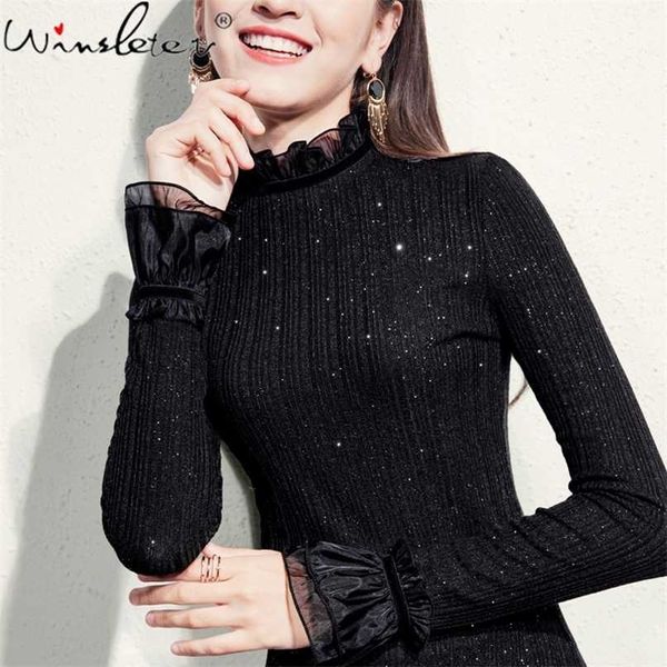 

ruched turtleneck women sweater pullovers flare long sleeve autumn winter knit stretchy knitwear jumper fit slim t06411b 211011, White;black