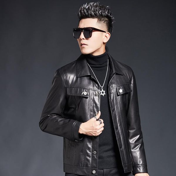 men's leather & faux slim fit coat swallowtail zipper turn-down collar genuine jacket real sheepskin, Black
men's leather & faux slim fit coat swallowtail zipper turn-down collar genuine jacket real sheepskin, Black