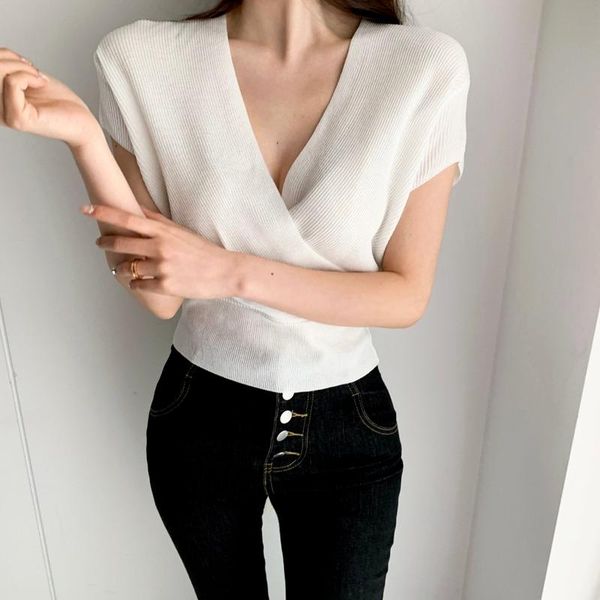 women's blouses & shirts 2021 v-neck women korean summer cross waist knit shirt fashion and short sleeve clothing 15751, White
women's blouses & shirts 2021 v-neck women korean summer cross waist knit shirt fashion and short sleeve clothing 15751, White