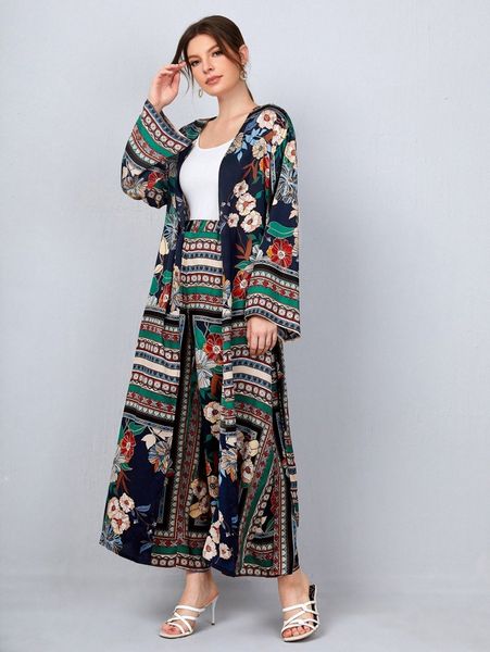 bell sleeve self belted kimono and pants set f2el#, White
