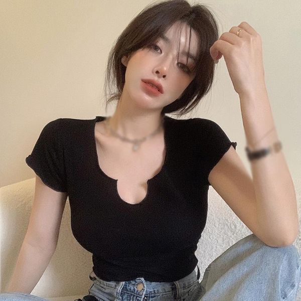 women's t-shirt women korean v neck slim exposed navel short-sleeved, White
women's t-shirt women korean v neck slim exposed navel short-sleeved, White