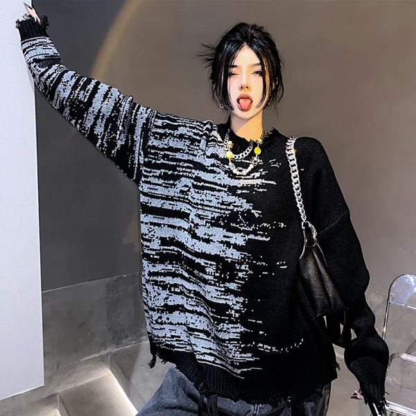 women's sweaters hip hop ripped knitted jumper two-tone striped streetwear harajuku autumn fashion casual loose pullovers, White;black
women's sweaters hip hop ripped knitted jumper two-tone striped streetwear harajuku autumn fashion casual loose pullovers, White;black