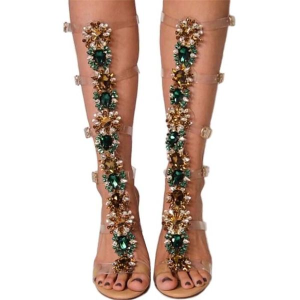 Â est bling women open toe rhinestone knee high gladiator boots cut-out clear crystal heel long dress shoes sandals, Black
 est bling women open toe rhinestone knee high gladiator boots cut-out clear crystal heel long dress shoes sandals, Black