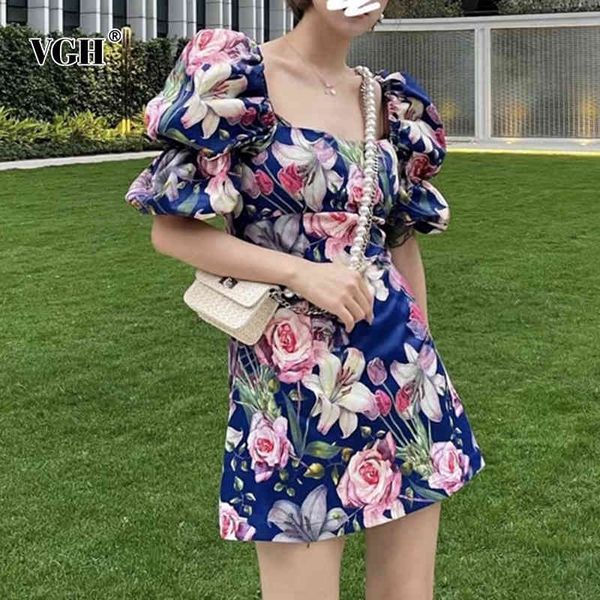 vgh vintage floral print mini dress for women square collar puff short sleeve high waist korean dresses female summer style 210421, Black;gray 
vgh vintage floral print mini dress for women square collar puff short sleeve high waist korean dresses female summer style 210421, Black;gray