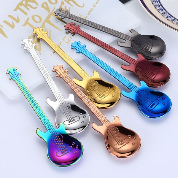 Image of Creative 304 stainless steel small coffee spoons Guitar Violin shape dessert spoon Stirring spoon lovely titanium plated ice scoop