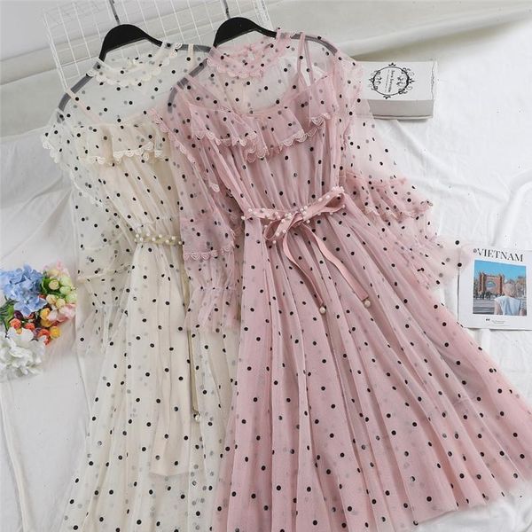 women dress fashion spring flare dot sleeve dresses summer two piece slim mesh long clothing vestidos, Black;gray
women dress fashion spring flare dot sleeve dresses summer two piece slim mesh long clothing vestidos, Black;gray