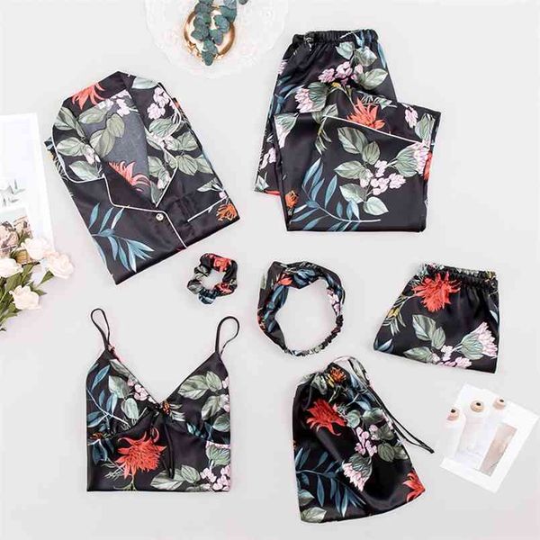 women's pajamas 7 piece set flower print black sleepwear silk like leisure home clothes sling shorts 210809, Black;red
women's pajamas 7 piece set flower print black sleepwear silk like leisure home clothes sling shorts 210809, Black;red
